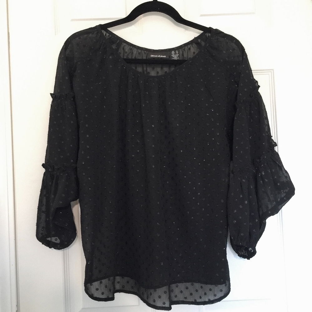 DKNY JEANS WOMEN'S SHEER LACE WING SLEEVE TOP - Picture 2 of 7